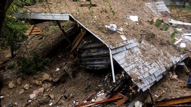 The remains of a home destroyed by a mudslide caused by the ongoing rain storm in Los Angeles, California, U.S., February 5, 2024. REUTERS/Aude Guerrucci